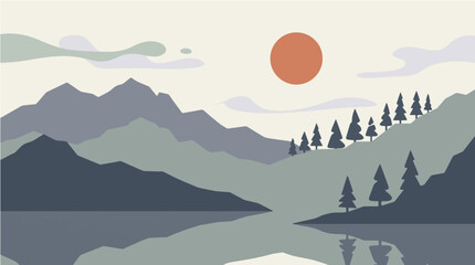 Fototapeta premium Minimalist vector landscape illustration featuring dark mountains and pine trees reflected in a calm lake under a bright orange sun