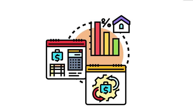 Financial management concept annual expense decrease with calendars, calculator, bar chart showing reduction, and a house, representing smart financial planning and cost optimization