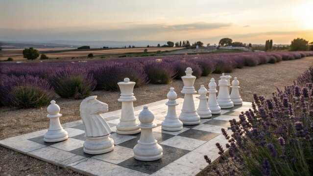 Giant White Marble Chess Set on a Lavender Field at Sunset