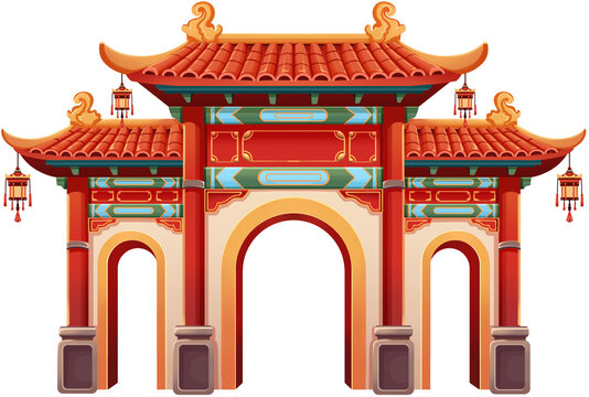 Traditional Chinese Triple Paifang Gate Illustration