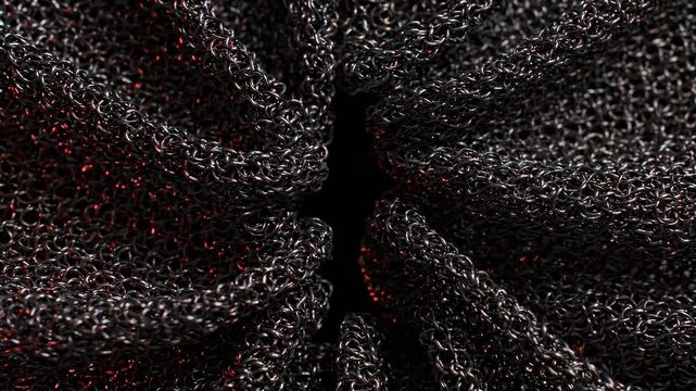 Folding Charcoal Metallic Mesh with Subtle Red Ember Backlighting for Industrial Design