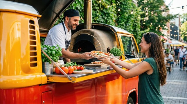 Chef serving fresh pizza to a woman from a food truck at a summer festival. Street food catering service and outdoor dining concept. Professional pizza maker and happy customer.