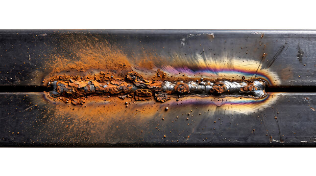 Rusty welded steel pipe leaking water with oil slick reflections on wet pavement