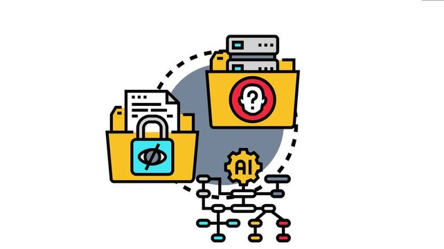 Anonymisation concept depicting data records secured in folders, obfuscating personal information with an eye symbol and processing it with artificial intelligence