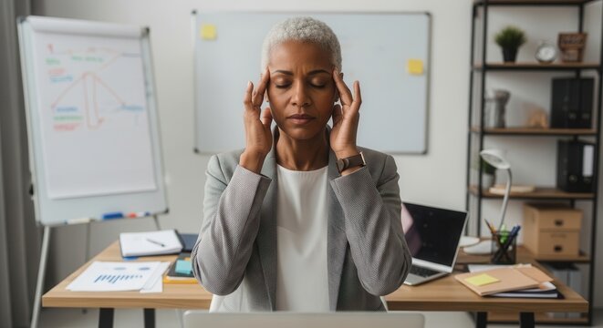 A stressed professional woman sitting at a cluttered office desk rubbing her temples while looking overwhelmed in a modern workspace with charts and documents.
