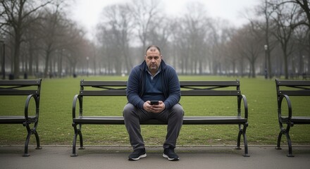 Fototapeta premium A contemplative man sitting alone on a park bench in a serene green park surrounded by leafless trees on a cloudy day, engrossed in his smartphone while exuding a thoughtful and introspective mood.
