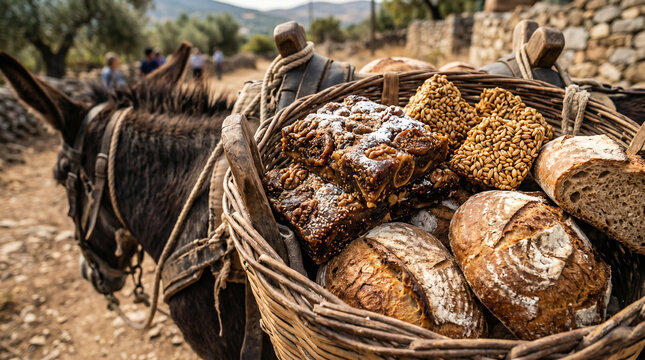 Abigail bringing a massive, generous offering of bread, wine, roasted grain, and figs on donkeys to stop David's wrath