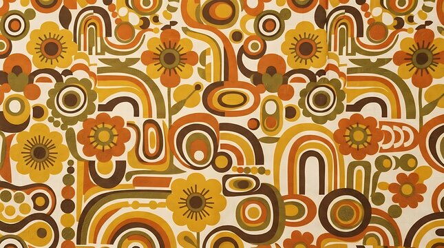Vintage Retro Psychedelic Pattern with Swirling Flowers and Abstract Shapes.