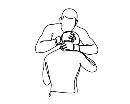 Two male athletes in martial arts grappling during a match with minimalist line art Isolated on transparent background