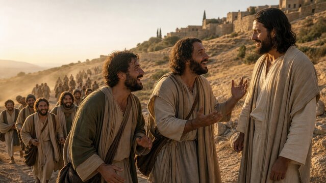 Jesus speaking with two disciples as seventy followers travel through a biblical hillside village. Christian mission, faith, fellowship, and Gospel teaching in ancient Judea.