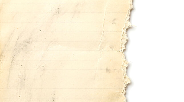Torn paper edge with frayed fibers and subtle stains on aged off-white background