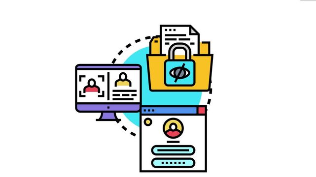 Computer elements anonymous user protection, a folder with a locked eye icon, a monitor with facial recognition, and a browser window with a login form securing confidential information