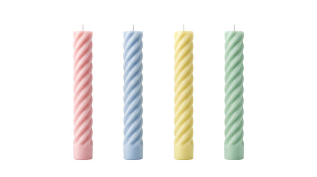 Pastel twisted taper candles set, colorful spiral wax candles on white background, decorative ribbed pillar candles for home decor