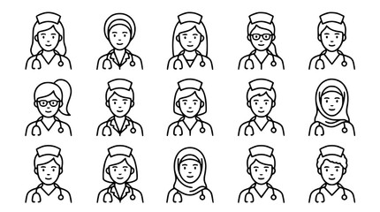 Fototapeta premium Black Nurse Avatar and Stethoscope Line Icon Set Vector Collection