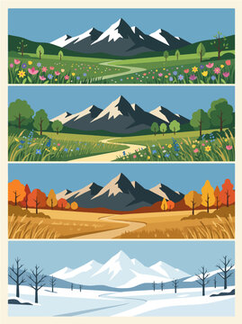 Pixel art mountain landscape vector graphic set showing four distinct seasons with vibrant colors for creative digital design project backgrounds