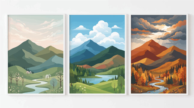 Three decorative mountain landscape vector illustrations showcasing different seasonal colors and scenic river valleys presented in white minimalist gallery frames