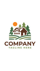 Fototapeta premium Rural house landscape logo with trees and sun.