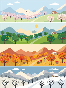 Four seasons vector illustration showing landscape cycles with blooming trees lush green foliage vibrant autumn harvest and cold winter snowfall