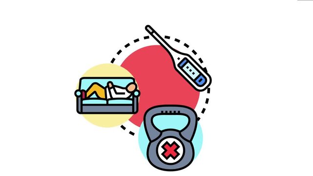 Anthropometric health checker concept showing a digital thermometer. A person resting on a couch. And a kettlebell with a cross mark
