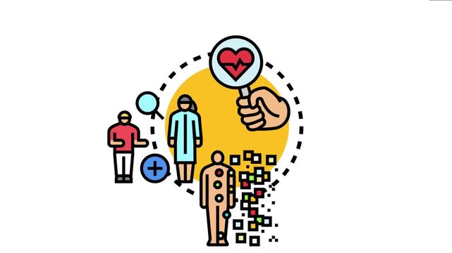 Anthropometric health checker concept showing a hand holding a magnifying glass over a heart, analyzing human body measurements and digital health data for diagnostics
