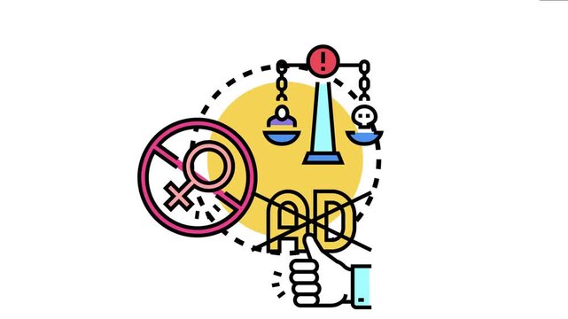 Illustration displaying a weighing scale with an exclamation mark, a banned female gender symbol, and a crossed out advertisement sign indicating a halt to detrimental actions