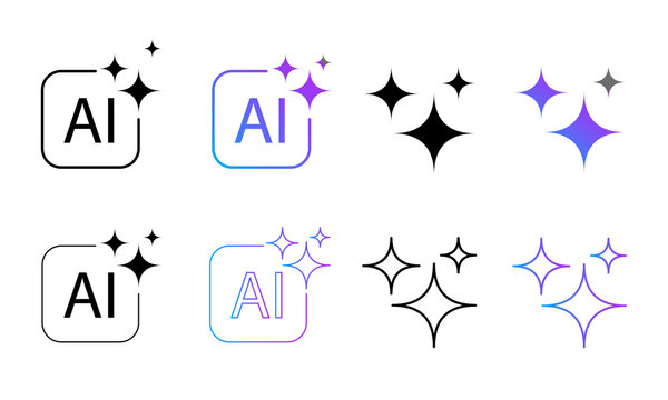 Artificial intelligence AI icon set featuring sparkle stars in outline silhouette and gradient vector style variations