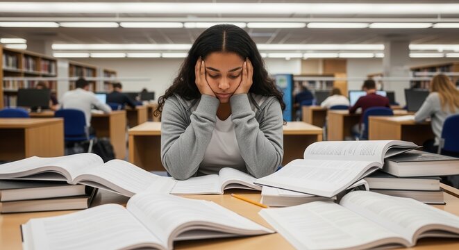 A stressed student sitting in a modern library surrounded by numerous open textbooks, resting her head on her hands while studying hard amid a busy academic environment.