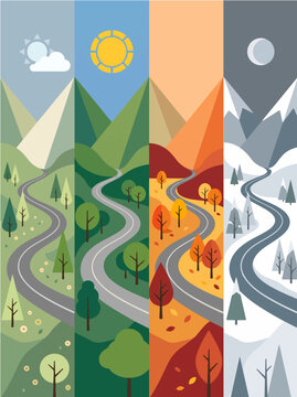 Vibrant vector illustration depicting four distinct changing seasons with winding roads through mountainous landscapes in a beautiful flat graphic style design