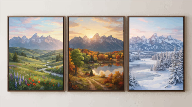Three separate vector illustration panels showcasing beautiful mountain landscape scenes changing through vibrant spring autumn and snowy winter seasonal weather transitions