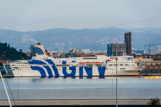 GNV Majestic Passenger Ferry Boat Docked at Port City Harbour, Industrial Chimneys, Travel, Transportation