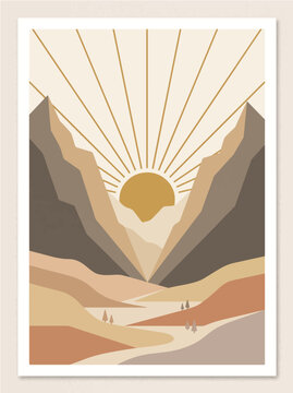 Minimalist vector illustration featuring geometric mountains with a radiant sun rising above brown terrain in a stylish flat art design