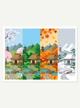 Japanese landscape vector illustration showing four distinct seasons with traditional architecture and mountains in a flat colorful graphic design style
