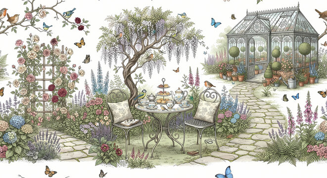 Elegant seamless pattern of an English country garden, greenhouse, and tea party