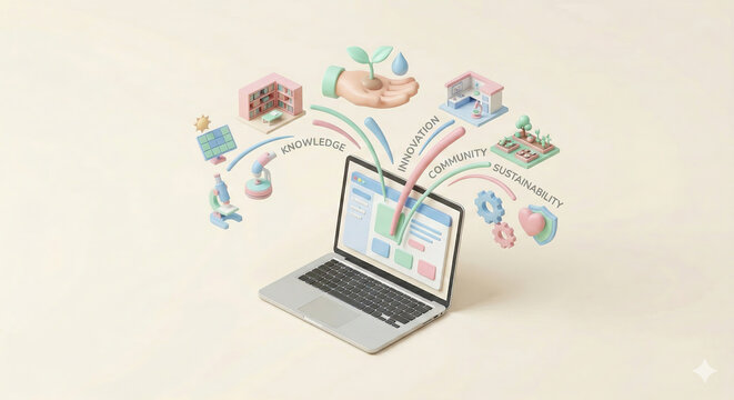 3D isometric illustration of a laptop with floating icons for knowledge, innovation, community, and sustainability in a soft pastel aesthetic.