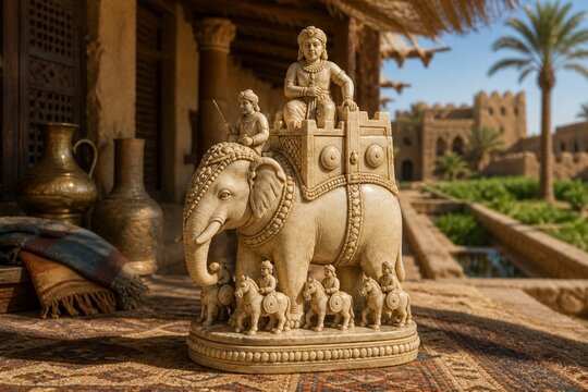 Ninth Century Sindh Inspired Elephant Chessman in a Fortified Court