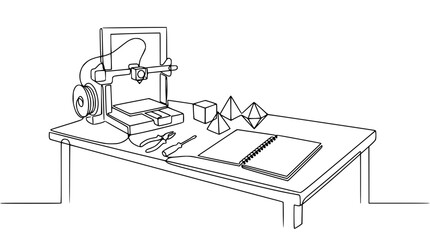 Fototapeta premium 3D Printer Setup with Geometric Shapes and Tools on Table, Line Art