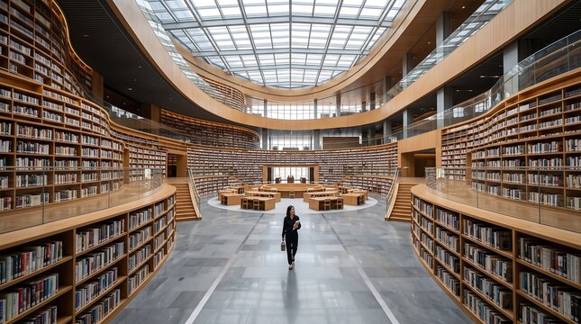 Modern architectural marvel of a vast public library interior with towering bookshelves and a solitary reader