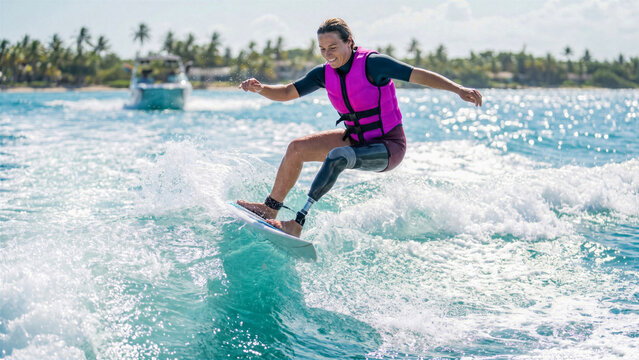 Adaptive wake surfer with prosthetic leg riding boat wake rash vest
