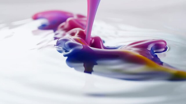 Glossy multicolor liquid pours onto smooth white surface, creating vivid splash, curling ripples, and flowing abstract patterns under bright high key studio lighting, minimal composition
