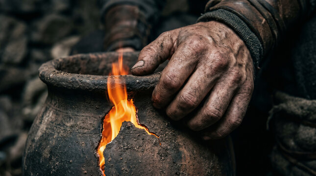 Gideon and his 300 men holding glowing torches hidden inside large clay pitchers, ready to ambush the Midianite camp at night