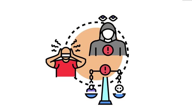 Stalking legislation concept protecting an individual experiencing fear and anxiety from a watchful cyberstalking hacker and balancing justice related to the offense