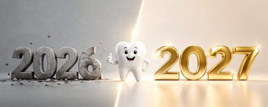 cute cartoon tooth character giving thumbs up between rough stone 2026 numbers and shiny golden 2027 numbers on a bright background