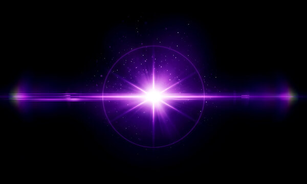 Glowing purple light flare effect with intense central radiance and horizontal beam streaks isolated on black background captured using high quality digital graphic design