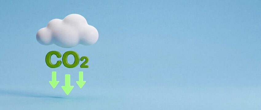 3D CO2 carbon emission reduction concept with cloud and green arrows