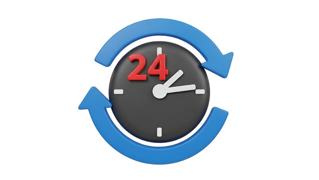 Black clock with blue rotating arrows representing twenty four hours