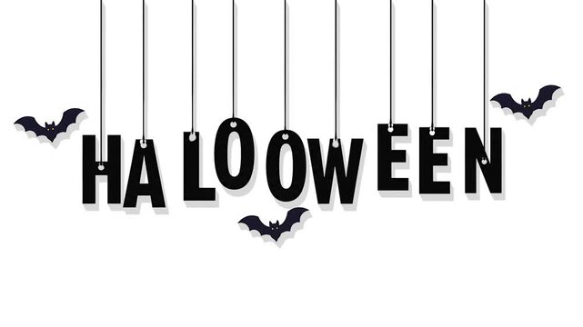 Halloween Typography Animation with Hanging Letters and Flying Bats on White Background