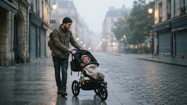 A young father walking his crying baby in a stroller at dawn down an empty city street, cool misty morning air, soft cinematic lighting.