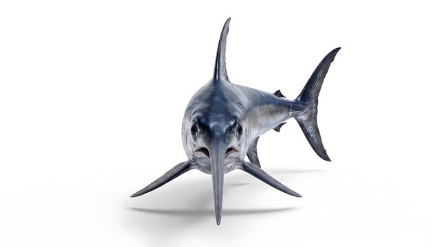 A realistic 3D render of a swordfish swimming forward on a white background.