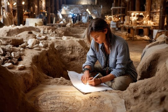 Archaeologist documenting findings at excavation site in historical dig