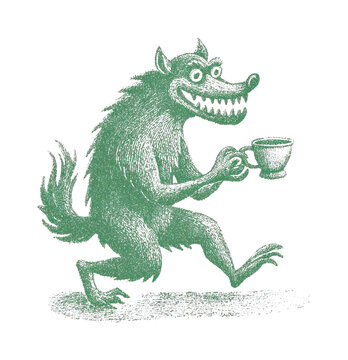 PNG Vintage green wolf monster holding a teacup illustration